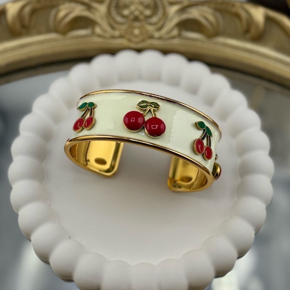 Cherry Enamel Gold Cuff Bracelet – PVD Gold Plated Stainless Steel - Picture 9 of 10